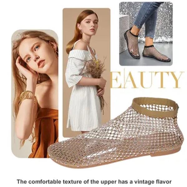 Sandálias sexy de toe redondo para mulheres, diamantes planos, oco, botas curtas, verão