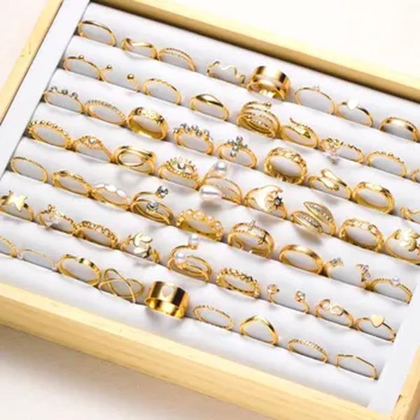 Conjunto de anéis geométricos de brilho largo para meninas e mulheres, estilo metal, joias da moda, presente versátil, moda casual e diária, 66 peças