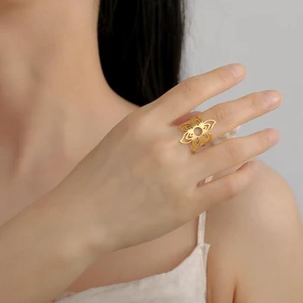 Skyrim-Anel Aberto Flor de Aço Inoxidável para Mulheres, Cor Dourada Boho, Anéis de Dedo Ajustáveis, Jóias da Moda, Presente de Aniversário, Novo