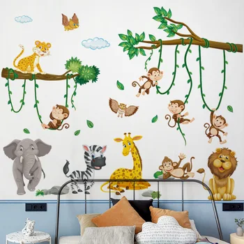Floresta Cartoon Animal World Wall Sticker, decoração do quarto do bebê, parede de fundo, quarto de criança, 1 pc