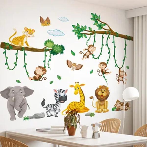 Floresta Cartoon Animal World Wall Sticker, decoração do quarto do bebê, parede de fundo, quarto de criança, 1 pc