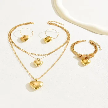 Cor do ouro Conjuntos de Jóias Dupla Cadeia para Mulheres, Solide Pingente De Coração, Colar Brincos, Pulseiras, Presente De Casamento, 3Pcs