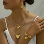 Cor do ouro Conjuntos de Jóias Dupla Cadeia para Mulheres, Solide Pingente De Coração, Colar Brincos, Pulseiras, Presente De Casamento, 3Pcs