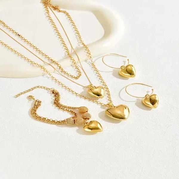 Cor do ouro Conjuntos de Jóias Dupla Cadeia para Mulheres, Solide Pingente De Coração, Colar Brincos, Pulseiras, Presente De Casamento, 3Pcs