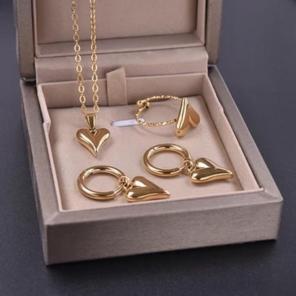 Elegant Love Jewelry Set para Mulheres, Brinco de Aço Inoxidável, Anel, Colares, Ajustáveis, Aros, Dangle, Acessórios
