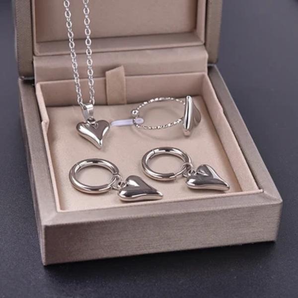 Elegant Love Jewelry Set para Mulheres, Brinco de Aço Inoxidável, Anel, Colares, Ajustáveis, Aros, Dangle, Acessórios