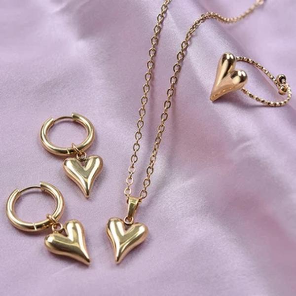 Elegant Love Jewelry Set para Mulheres, Brinco de Aço Inoxidável, Anel, Colares, Ajustáveis, Aros, Dangle, Acessórios