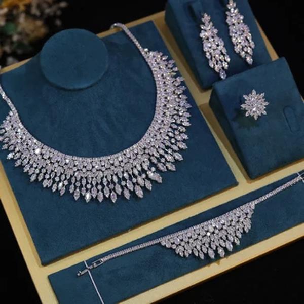 Branco zircônia folha brinco e colar conjunto para mulheres, jóias de casamento nupcial, ensembl, moda, 5a cz