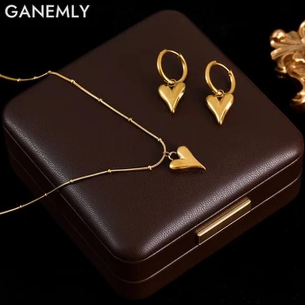 GANEMLY-Aço Inoxidável Coração Amor Colar Pingente e Brincos Conjunto para Mulheres, Banhado A Ouro 18K Jóias, Lady Gift, Moda, 316L