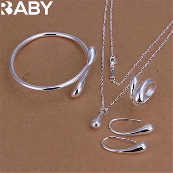 Mulheres 925 Sterling Silver Water Drop Pingente Pulseira, Pulseira, Colar, Brinco, Anel, Conjunto de Jóias, Moda, Presente de Festa, Quente Bonita