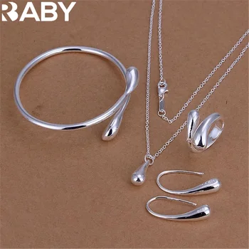 Mulheres 925 Sterling Silver Water Drop Pingente Pulseira, Pulseira, Colar, Brinco, Anel, Conjunto de Jóias, Moda, Presente de Festa, Quente Bonita