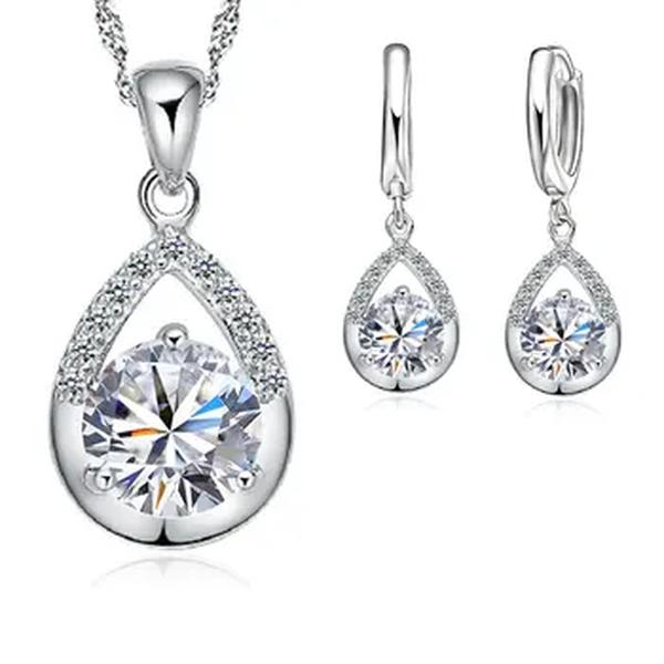 Conjuntos De Jóias De Noiva Para Mulheres, 925 Prata Esterlina, Cor Cristal, Gota De Água, Colares, Brincos De Argola, Festa De Noivado, Venda Quente