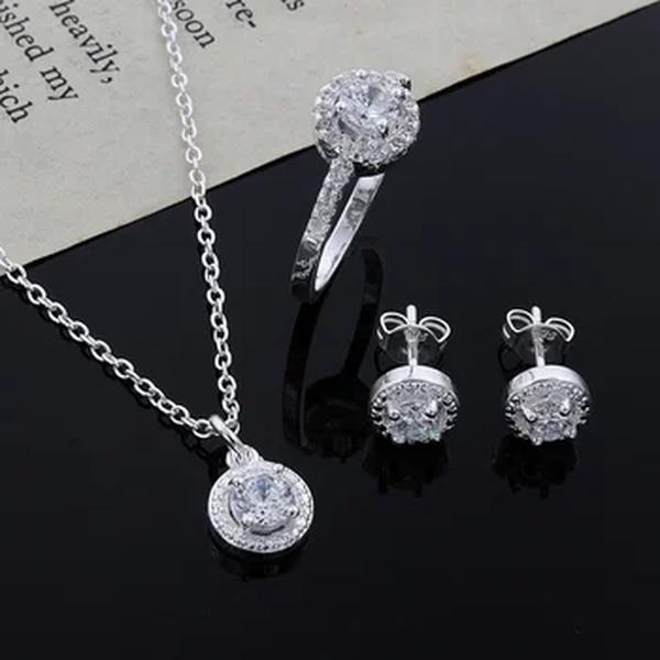 925 Sterling Silver Crystal Pingente Colar e Anel Conjunto para Mulheres, Jóias da moda, Acessórios para Casamento, Presente de Festa