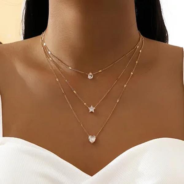 Cristal zircão coração estrela charme em camadas pingente colar conjunto para as mulheres encantos moda praça strass feminino vintage jóias