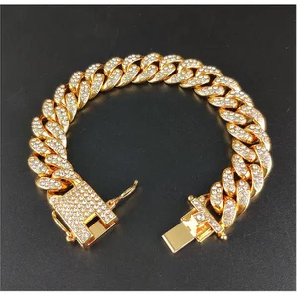 Pulseiras de Corrente Cubanas Brilhantes para Homens e Mulheres, Cor Dourada, Strass, Iced Out, Punk, Pulseira, Presente de Jóias, Hip Hop