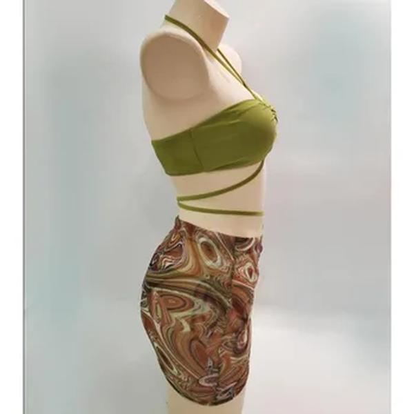 Conjunto de três peças de algodão puro monocromático feminino, moda banho verão, saia curta com cordão, biquíni malha, 2022