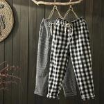 Calça harém xadrez feminina solta casual, calça de linho de algodão, cintura de cordão, tamanho grande, primavera e verão 2024