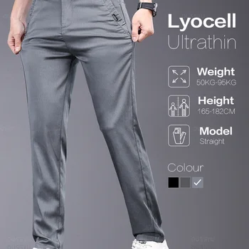 OUSSYU-Calça casual masculina de tecido Lyocell, fina, fina, com elástico na cintura, cinza, marca, primavera, verão