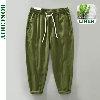 Calça casual com cordão masculina, reta, roupa de linho e algodão, fina e respirável, cor sólida, nova, primavera, verão, C3501