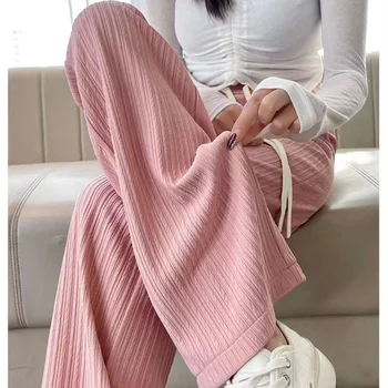 Calça de perna larga feminina com cordão, calça comprida para senhora do escritório, cintura monocromática e elástica, casual e doce, esportes básicos, moda e verão