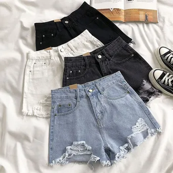 Xpqbb-Buracos rasgados Tassel Jeans curto para mulheres, shorts jeans, cintura alta, perna larga, solto, moda coreana, verão, novo