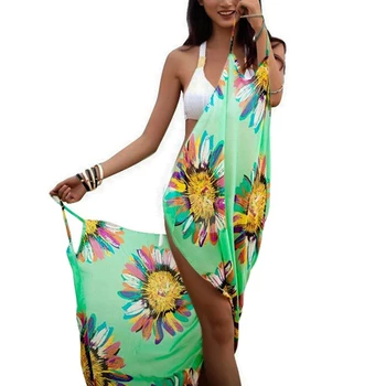 2022 impresso cover-ups sexy vestido de praia feminino halter estilingue chiffon toalha de praia biquíni envoltório pareo saias roupa de banho aberta