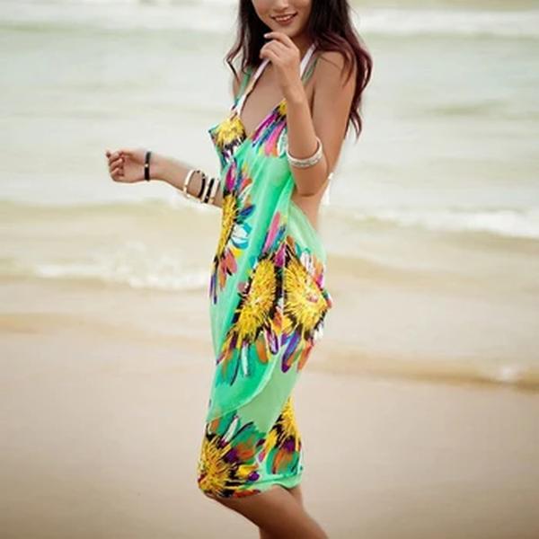 2022 impresso cover-ups sexy vestido de praia feminino halter estilingue chiffon toalha de praia biquíni envoltório pareo saias roupa de banho aberta