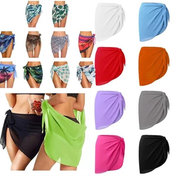 Maiô sarong feminino, envoltório de biquíni de praia, saia curta pura, cachecol de chiffon, moda praia, verão, sólido