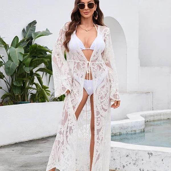 Mini vestido floral de praia feminino, encobrimento de biquíni, crochê de renda, maiô oco, maiô, túnica branca, sarong, moda praia envoltório