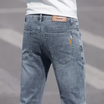 Calça jeans reta clássica masculina, jeans casual de negócios, marca de luxo leve, jeans elástico fino de alta qualidade