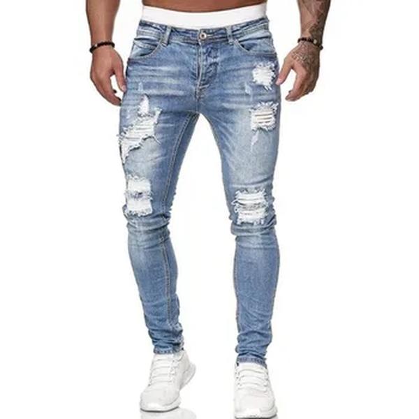 Jeans skinny rasgado para homens, calça jeans monocromática, calça lápis slim fit, jeans vintage, estilo de rua, moda casual, venda quente