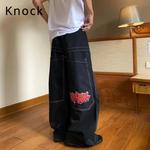 High Street Jnco Bordado Demin Jeans para homens e mulheres, Hip Pop, ajuste solto, calças largas para casal, cintura média, Knock Trendy
