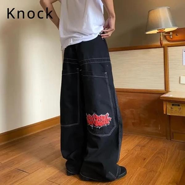 High Street Jnco Bordado Demin Jeans para homens e mulheres, Hip Pop, ajuste solto, calças largas para casal, cintura média, Knock Trendy