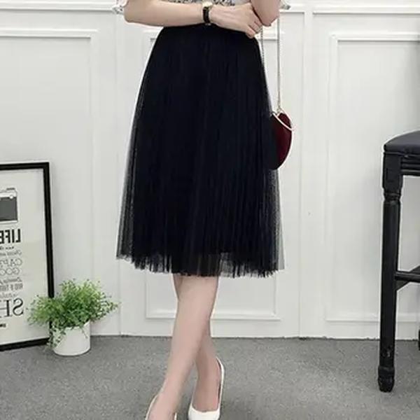 Saia com Babados de Cintura Alta Feminina, Saia Plissada, Linha A, Malha, Preto, Elegante, Chique, Moda Coreana, Festa, Fofa, Verão