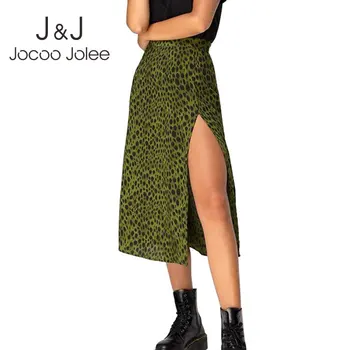 Jocoo Jolee-Saia Longa com Estampa Floral Leopardo Feminina, Cintura Alta Sexy, Saias Split Midi, Elegante Bodycon, Senhora do Escritório, Linha A