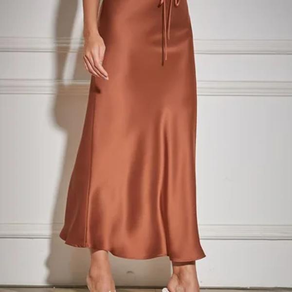 Streamgirl-saia longa de cetim para mulheres, saia maxi de cintura alta, seda bege com renda, saia preta elegante, 2024