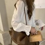 Xpqbb-Blusa de chiffon com decote em V para mulheres, camisas soltas com renda, manga comprida, babados, streetwear feminino, roupas coreanas, primavera e outono, 2024