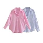 ZRN-camisas soltas listradas com bolso para mulheres, manga comprida, blusas de botão, tops chiques, moda feminina
