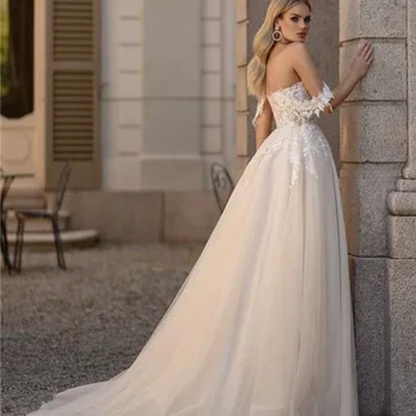 Branco Fora Do Ombro Vestidos De Noiva, Tule, Querida, Apliques De Flores 3D, Vestido De Noiva, Fenda A-Line High, Vestidos De Noite Sem Costas