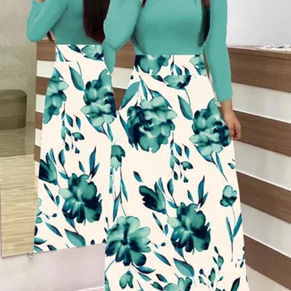 Vestido estampado floral de manga comprida para mulheres, estilo europeu e americano, saia grande, combinando cores, saia longa, 2023