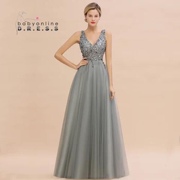 Babyonline-Vestidos sem encosto com decote em v para mulheres, lantejoulas, miçangas brilhantes, tule, vestido sexy, robe de festa formal