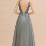 Babyonline-Vestidos sem encosto com decote em v para mulheres, lantejoulas, miçangas brilhantes, tule, vestido sexy, robe de festa formal