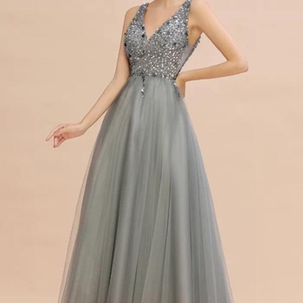 Babyonline-Vestidos sem encosto com decote em v para mulheres, lantejoulas, miçangas brilhantes, tule, vestido sexy, robe de festa formal