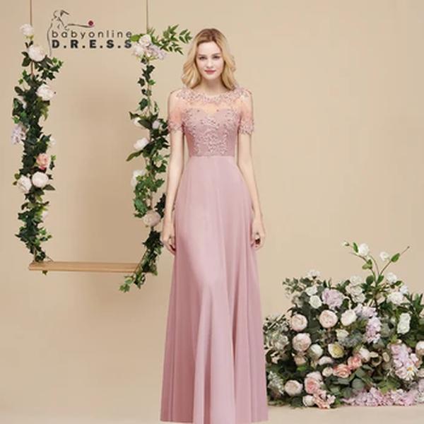Babyonline rosa vestido de dama de honra pérolas ilusão manga curta boho festa de casamento vestidos de hóspedes chiffon a linha vestidos femininos