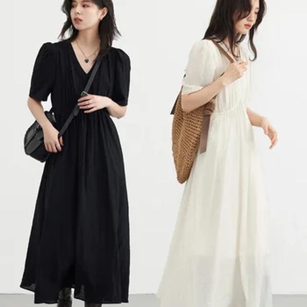 Chic Ven-Vestido longo de manga comprida com decote em v vintage feminino, branco sólido, roupa feminina solta, moda verão, Novo, 2023