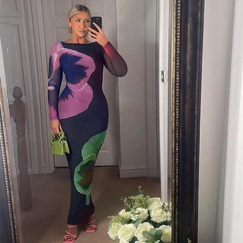 CUTENOVA-Vestido de pulôver feminino ver através de malha, vestidos lindos e sexy, manga comprida, estampa floral, vestido noturno, primavera, verão, 2022