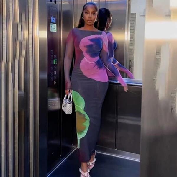 CUTENOVA-Vestido de pulôver feminino ver através de malha, vestidos lindos e sexy, manga comprida, estampa floral, vestido noturno, primavera, verão, 2022