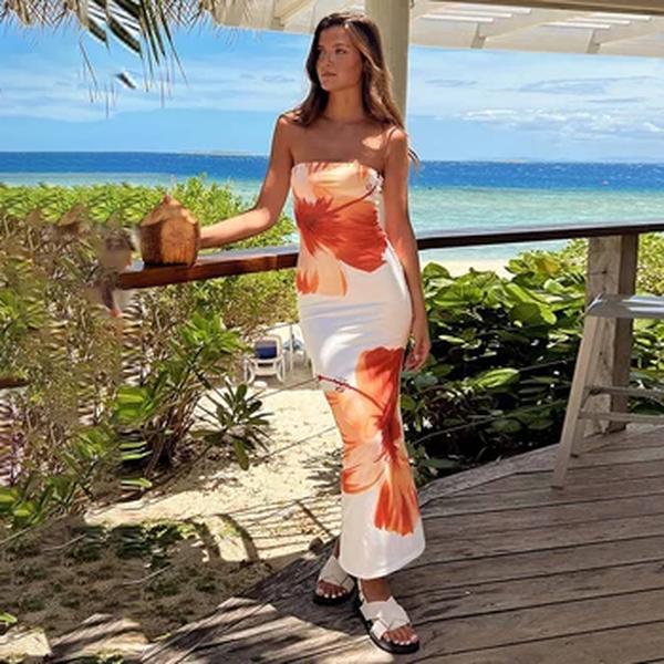 CUTENOVA-Vestido longo com ombro fora, estampado em flores, casual, praia, até o chão, magro, sem câmara, férias, novo, 2024