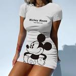 Disney-Vestidos Mickey e Minnie femininos, vestidos magros, sexy, mangas curtas, verão, vestidos elegantes, festa com cintura, moda, marca