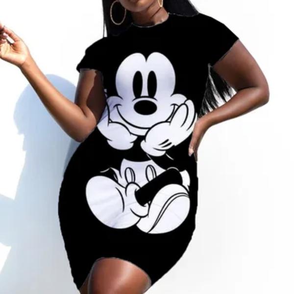Disney-Minnie Mickey Mouse feminino com estampa arco elegante vestido lápis, bainha simples vestidos de escritório, manga curta, casual, verão